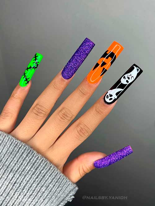 Miscellaneous Fun Halloween Nails Miscellaneous Fun Halloween Nails 2022: ghost, pumpkin, Frankenstein nail art, and purple glitter