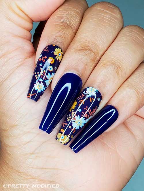 Long Coffin Navy Blue Nails with Flowers on Two Accent Nails