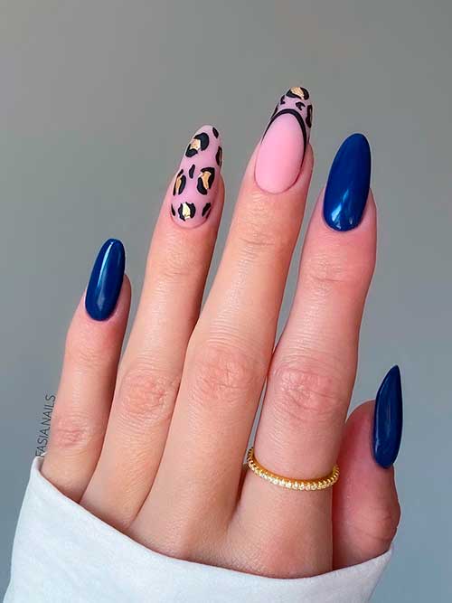 Navy Blue and Leopard Prints Long Almond Navy Blue Nails and Leopard Prints on Two Nude Accents