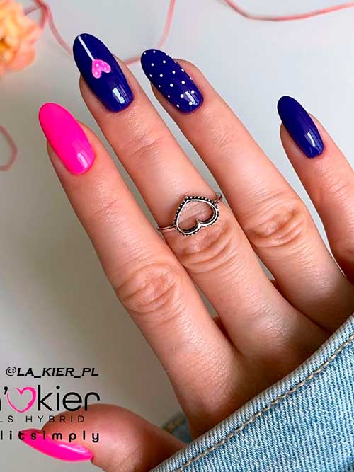 Medium Round Shaped Navy Blue and Pink Nails with White Polka Dots and Pink Heart Shape
