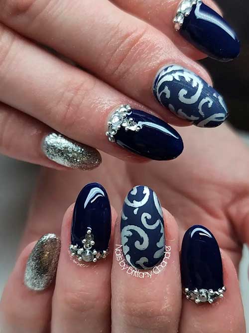 Medium Round Shaped Navy Blue and Silver Nails with Rhinestones