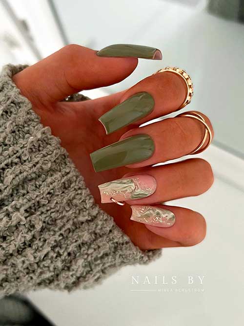 Olive nails with marble effects Long square shaped olive nails with marble effects on two nude color base accents for fall 2022