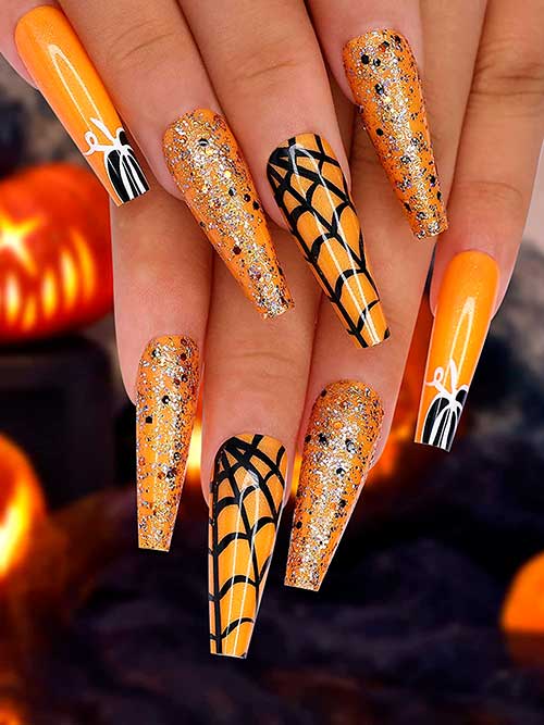 Orange Black Spider Web Halloween Fake Nails