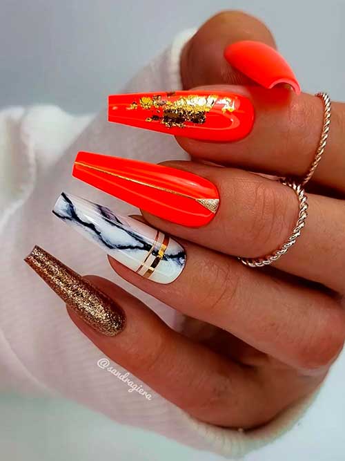 Orange Coffin Fall Nails with White Marble and Gold Glitter Accent Nails