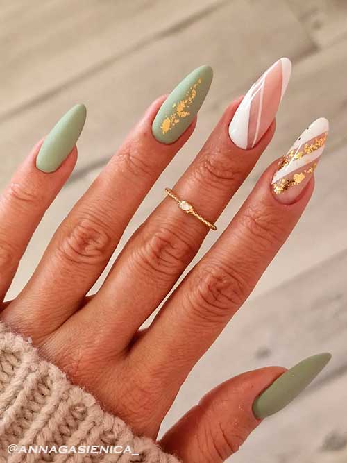 Almond Shaped Matte Olive Green Nails with Two White Striped Nails Adorned with Gold Foil Flakes