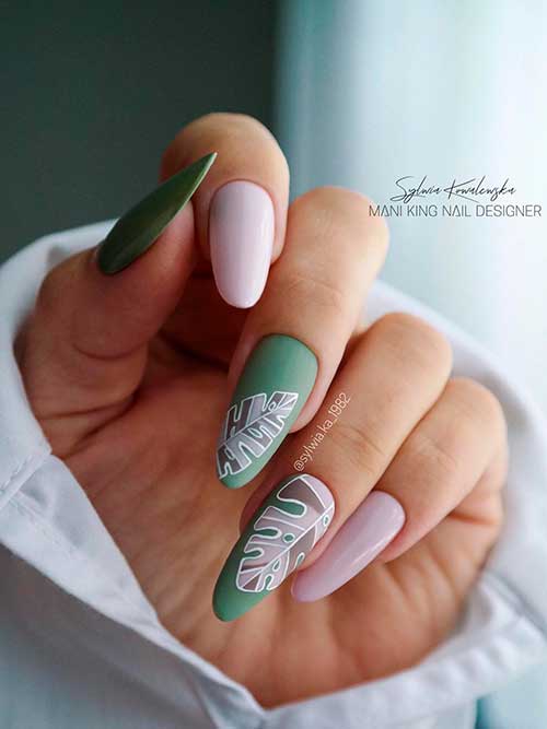Almond Shaped Pink and Matte Olive Green Nails with Leaf Nail Art