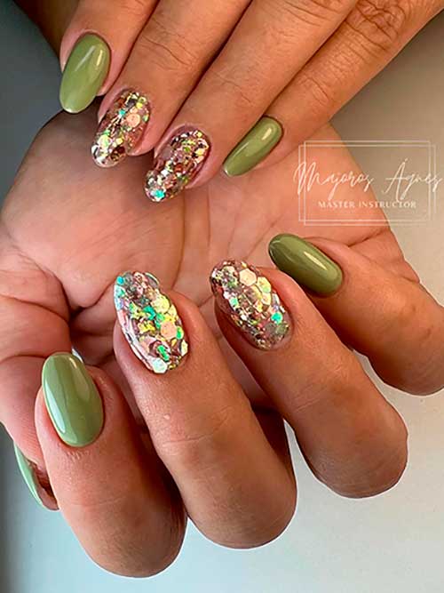 Short Olive Green Nails Design with Two Glitter Accent Nails for Fall 2022