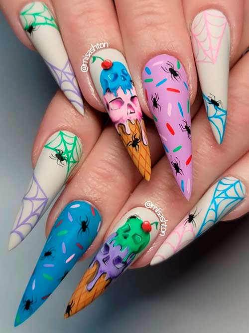 Spider Web Halloween Nails with Skull Scoops Accent Long Stiletto Spider Web Halloween Nails with Skull Scoops Accent