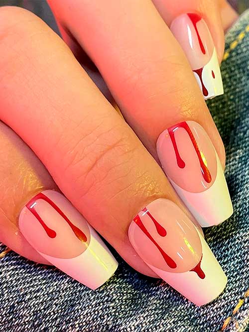 White French Tip Nails with Blood Drips - Halloween Press on Nails Ideas