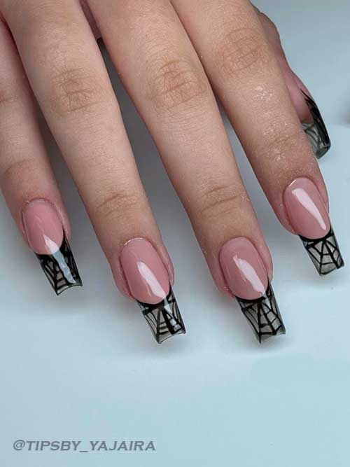 Long Coffin Shaped Black French Tip Nails with A Halloween Spider Web Twist