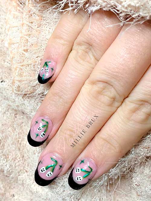 Short Black Halloween French Tip Nails with Skull Cherries