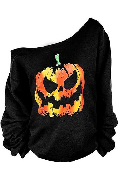 Off Shoulder Black Sweatshirt with Pumpkin Face Print Off Shoulder Black Sweatshirt with Pumpkin Face Print - Halloween Sweatshirts for Women