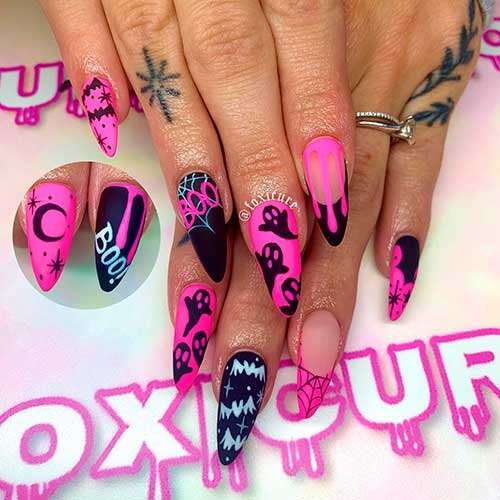 Black with Pink Halloween Nails Black with Pink Halloween Nails Features Ghosts, Blood Drip Nail Art, Bats, and Spider Webs