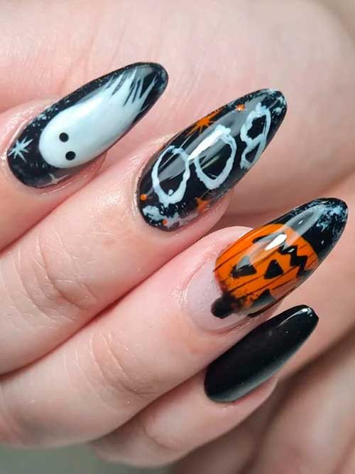 Boo Black Halloween Nails with Ghost and Pumpkin Accent Nails