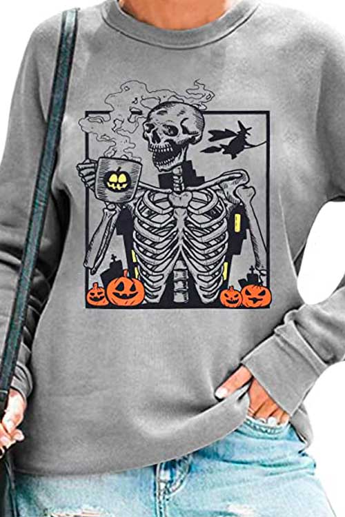 Coffee Skeleton with Pumpkin Halloween Sweatshirts Coffee Skeleton with Pumpkin Halloween Sweatshirts