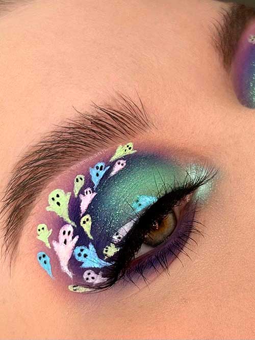 Colorful Ghost Eye Makeup with Metallic Green Eyeshadow