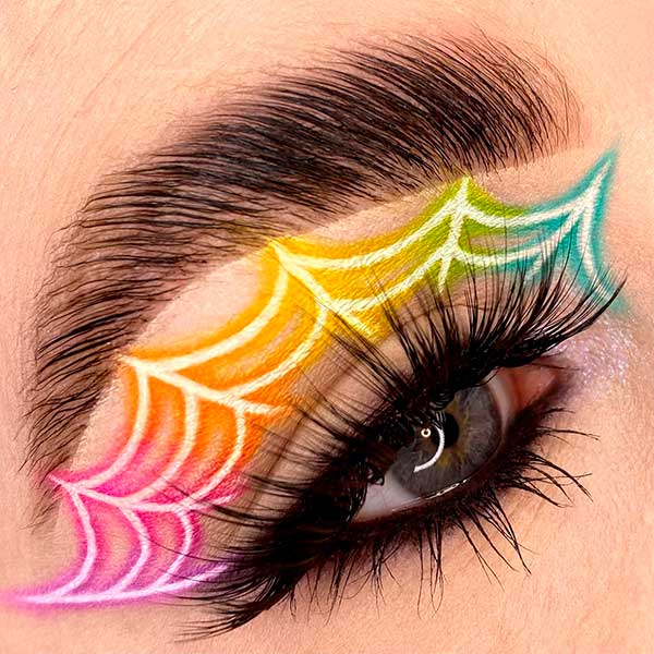 Colorful Neon Cobweb Halloween Eye Makeup with False Eyelashes