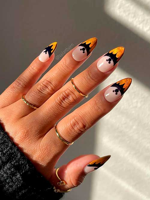 Almond Creative Mickey and Bat Halloween Nail Art Design