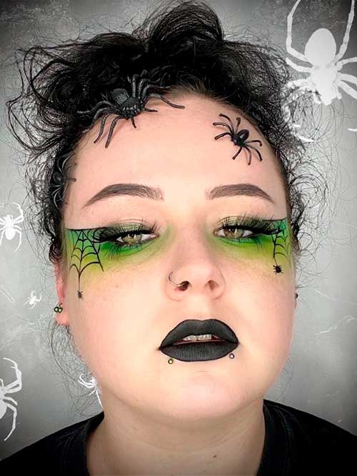 Creepy Spider Web Eye Makeup with Green Eyeshadow