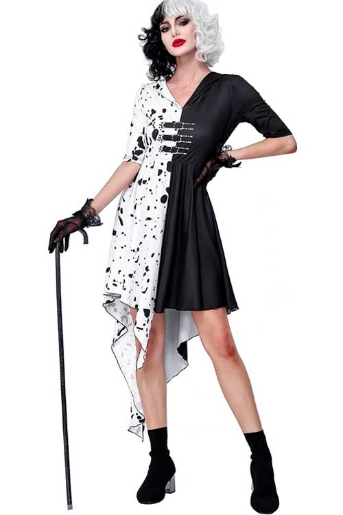 Cruella Deville Costume Cruella Deville Costume - GIKING Cruella Devil Costume Womens Halloween Half/Long Sleeve White and Black Cospaly Party Dress