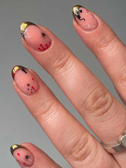 Cute Bloody Halloween Gold Chrome French Nails with White Spider Webs, Cats, and Black Spiders