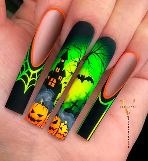 Elegant Neon Halloween Themed Nails 2022 Elegant Neon Halloween Themed Nails 2022