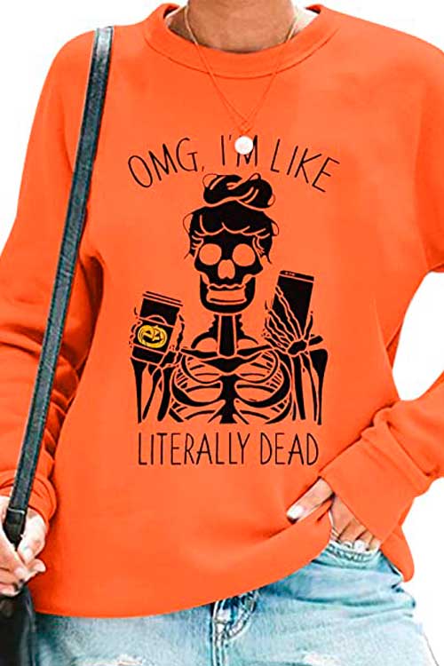 Funny Skull Sweatshirt Orange Funny Skull Sweatshirt - Halloween Sweatshirts for Women