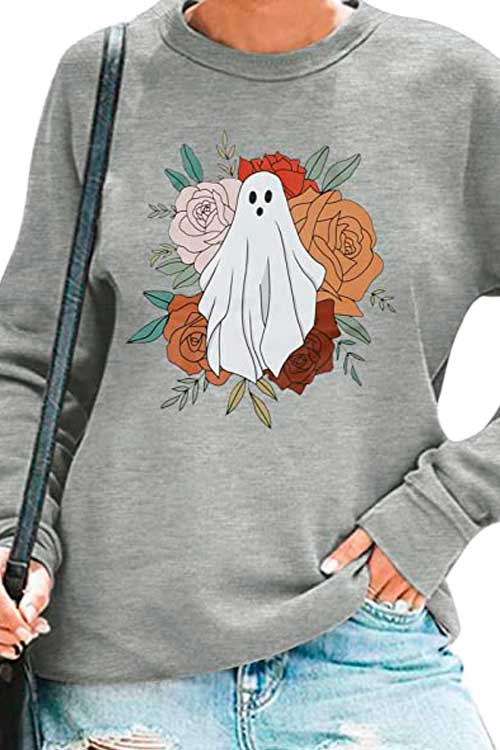 Ghost Halloween Sweatshirt with Flowers - Halloween Sweatshirts for Women