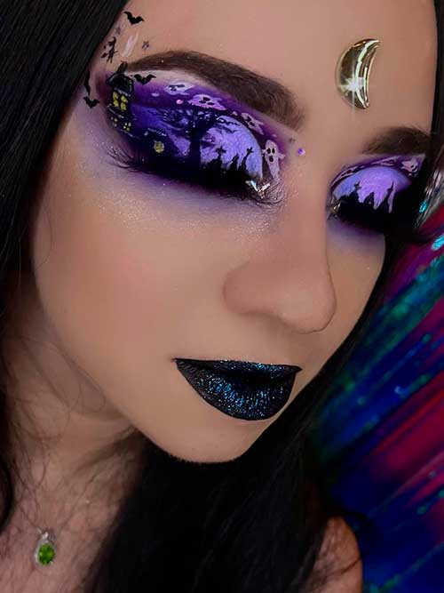Goth Ghost Halloween Eye Makeup with Purple Eyeshadow and Dark Witchy Lips