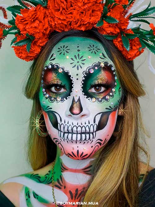 Green red sugar skull makeup - Halloween Makeup Looks 2022