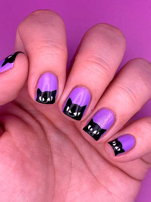 Short Halloween French Nails with Twisted Black Cat Face Tips
