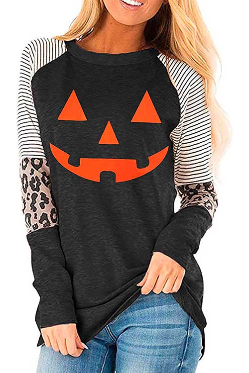 Long Sleeve pumpkin Black Halloween sweatshirts for women with leopard prints