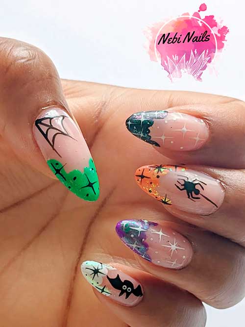 Multicolored Halloween Themed French Nails Multicolored Halloween Themed French Nails with Glitter, and Stars