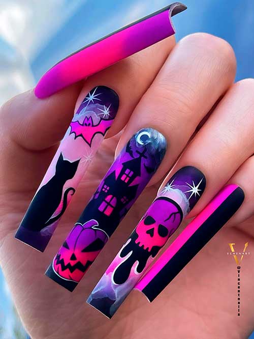 Long Square Matte Neon Pink, Purple, and Black Halloween Nail Art Design