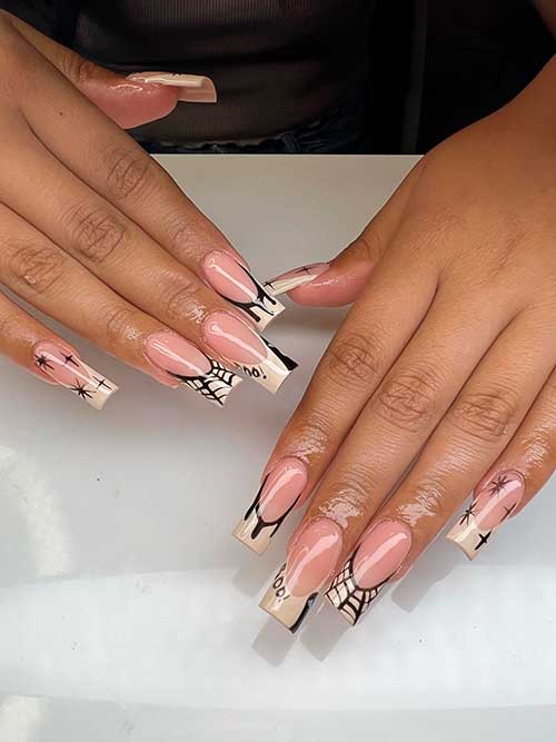 Nude French Nails with Black Halloween Nail Art