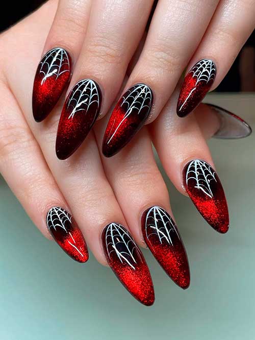 Long Almond Shaped Ombre Black Red Spider Web Nails 2022