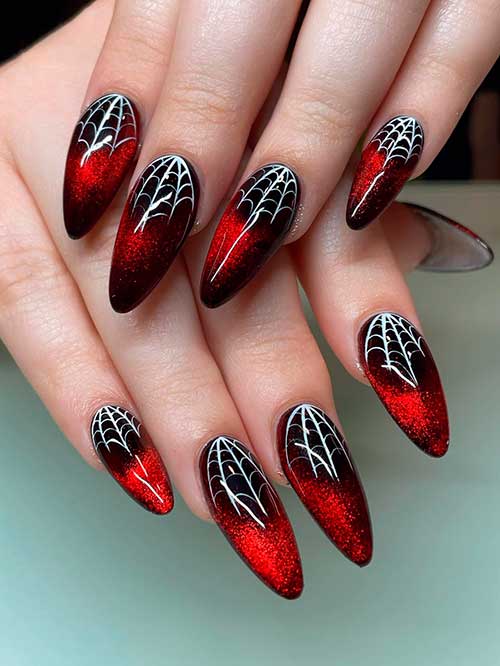 Ombre Black Red Spider Web Nails Long Almond Shaped Ombre Black Red Spider Web Nails 2022