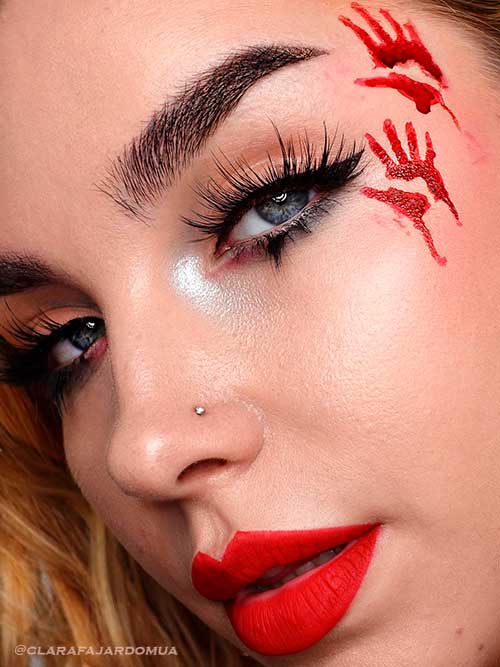 Simple Halloween Makeup with Red Lips and Tiny Bloody Hand-prints