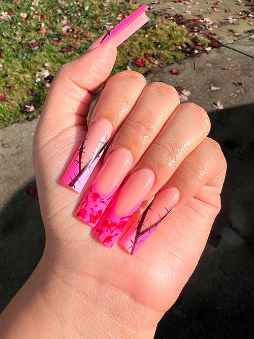 Long Square Shaped Spooky Pink French Halloween Nails 2022 with Frankenstein and Blood Splatter Nail Art