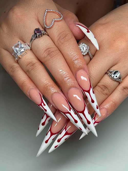 Stiletto White Halloween French Tip Nails 2022 with Blood Drips