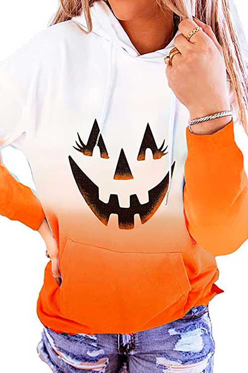 White and Orange Pumpkin Halloween Hoodie - Halloween Sweatshirts for Women