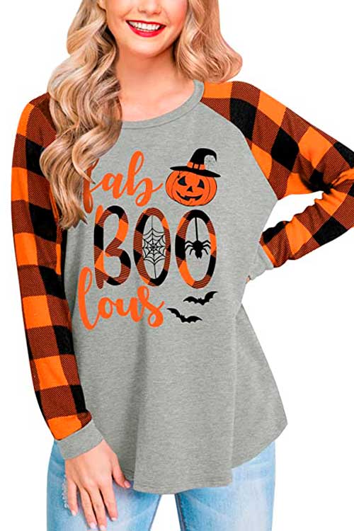 Women's Halloween Boo Long Sleeve Raglan Plaid Shirt - Halloween sweatshirts for women