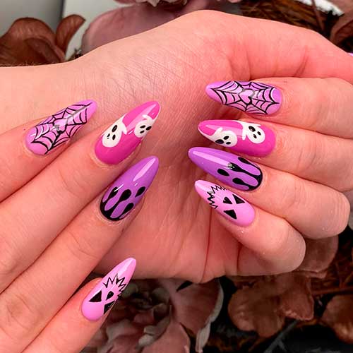 Long Almond Cute Pink and Purple Halloween Nail Art Design