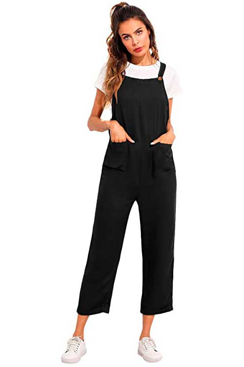 Black Adjustable Straps Jumpsuit with Pockets - Fall Jumpsuits for Women 2022