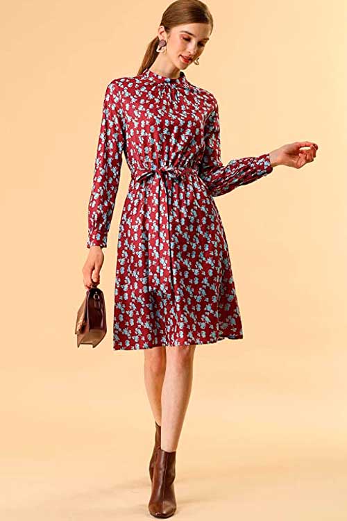 Allegra K - Mock Neck Swing Knee Length Long Sleeve A-line Floral Red Work Dress Allegra K - Mock Neck Swing Knee Length Long Sleeve A-line Floral Red Work Dress