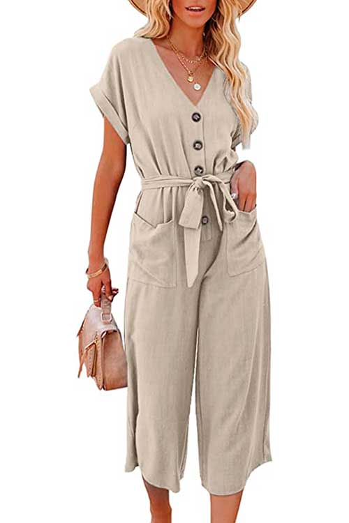 Beige Acelitt Women Short Sleeve V Neck Button Belted Wide Leg Jumpsuits with Pockets