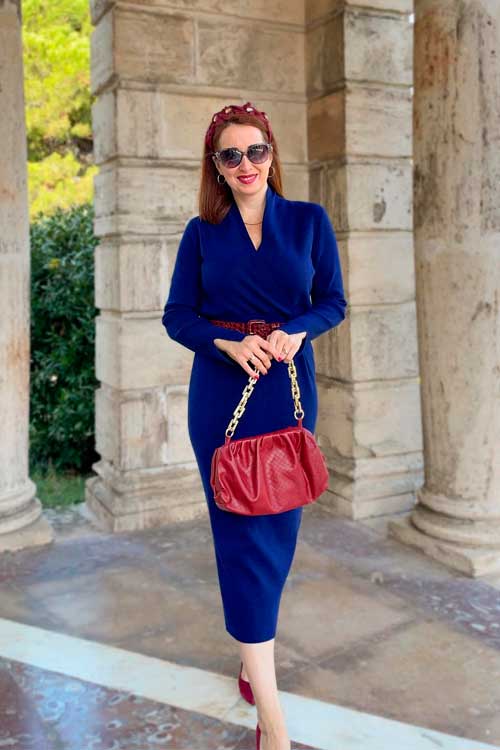 Belted navy blue midi dress for work
