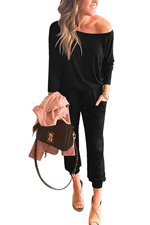 Black ANRABESS Women's Casual Long Sleeve Crewneck One Off Shoulder Jumpsuit