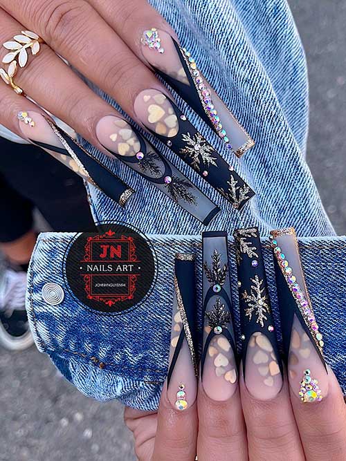 Long Coffin Shaped Black Classy Winter Nails with Snowflakes, Heart-Shaped Glitter, and Rhinestones