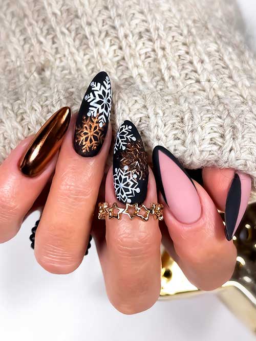 Black French Nails with Snowflakes - Winter Nails 2022/2023